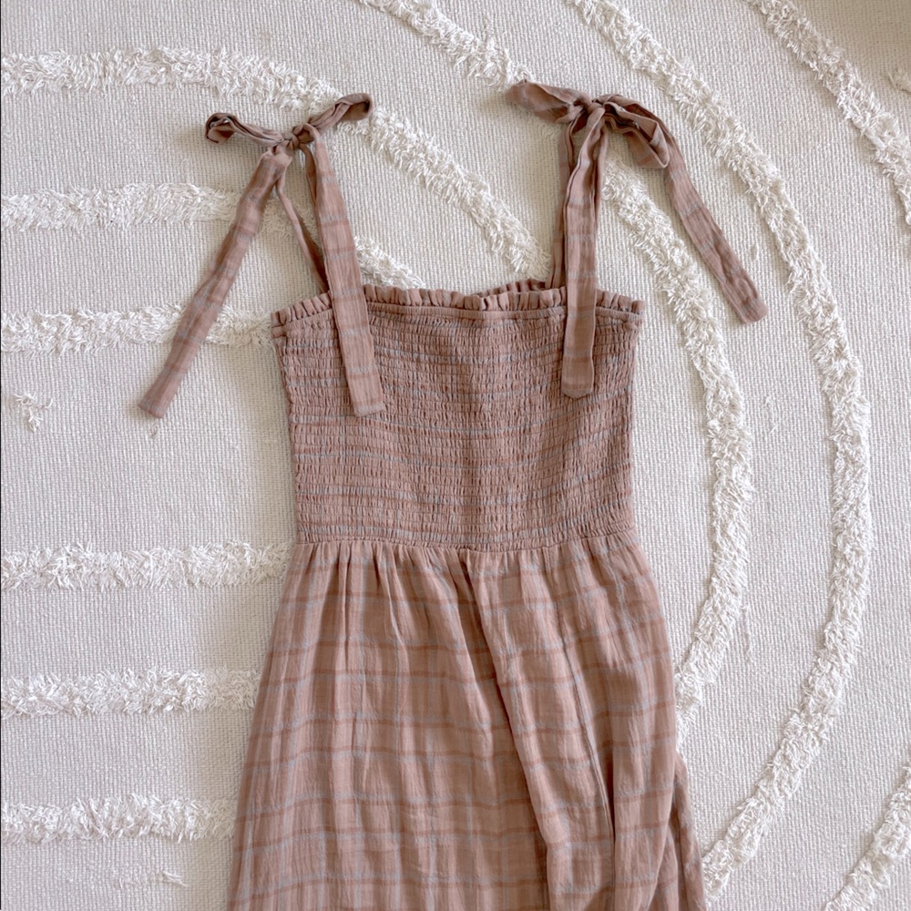 Gauze Ginger Plaid Sundress, Ruched Tube Top with Ties Midi Length w/ Front Slit